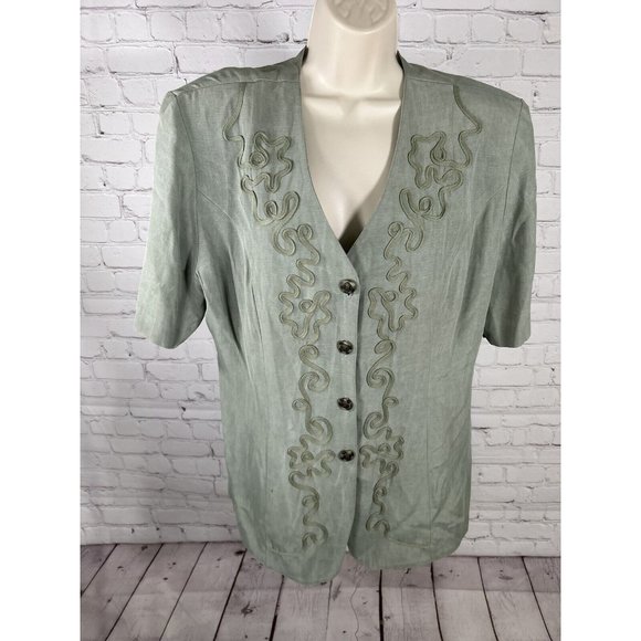 VTG Perceptions By Irene B Green Shoulder Padded Button Up Embellished Blouse 14 - Picture 1 of 10